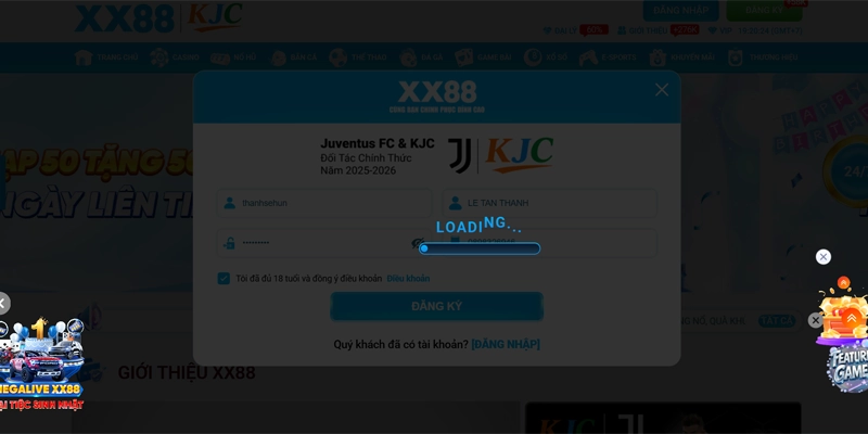 Đăng ký thành công và vào XX88